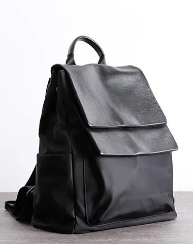 Black Nylon Satchel Backpack Womens School Backpacks Bag Nylon Leather Travel Rucksack for Ladies