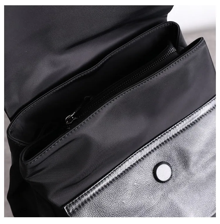 Black Nylon Satchel Backpack Womens School Backpacks Bag Nylon Leather Travel Rucksack for Ladies