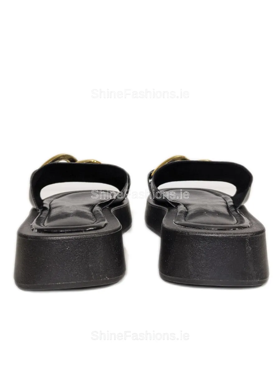 Black Thick Sole Platform Sliders with Gold Buckle