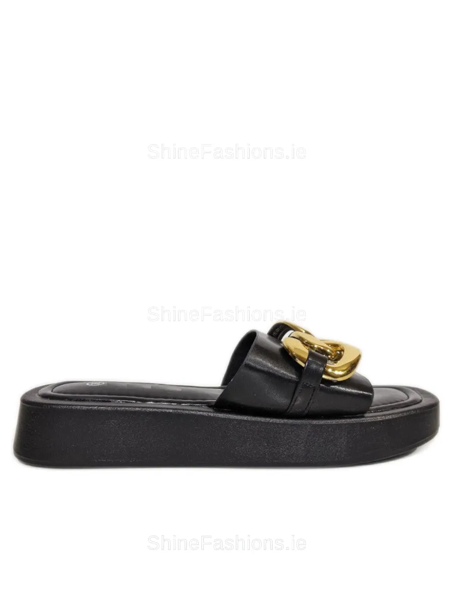 Black Thick Sole Platform Sliders with Gold Buckle
