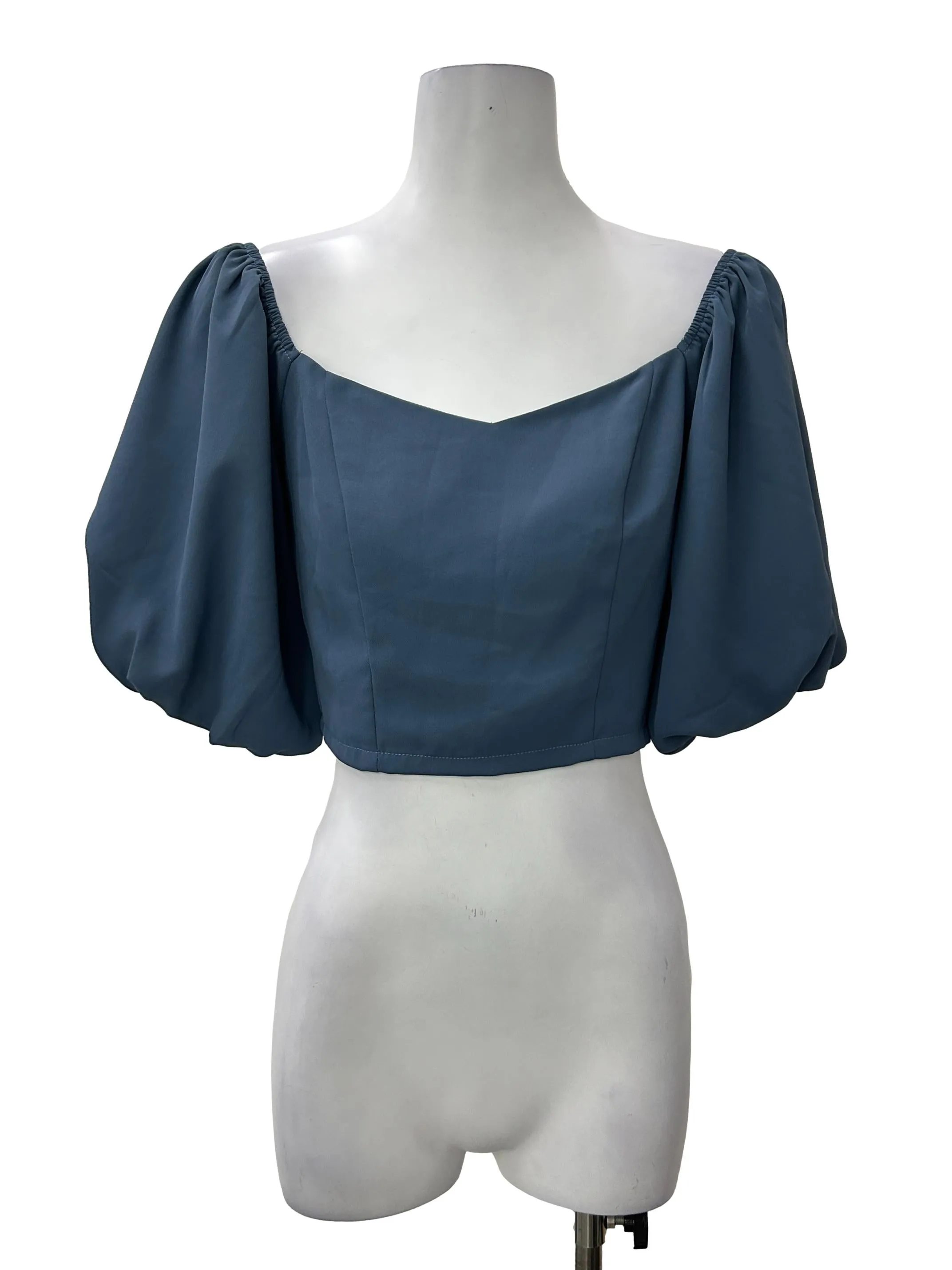 Blue Cropped Puff Sleeve Top