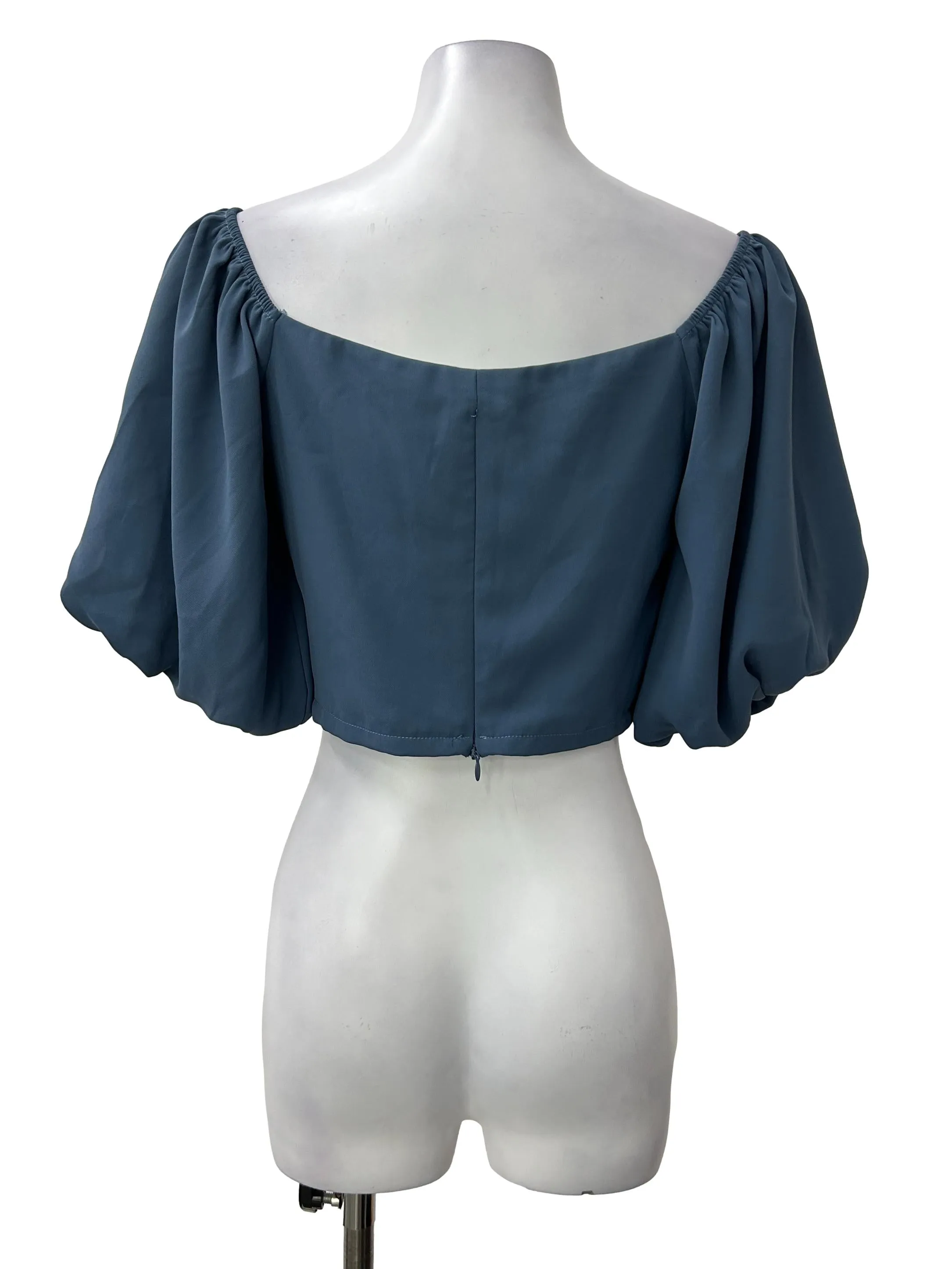 Blue Cropped Puff Sleeve Top