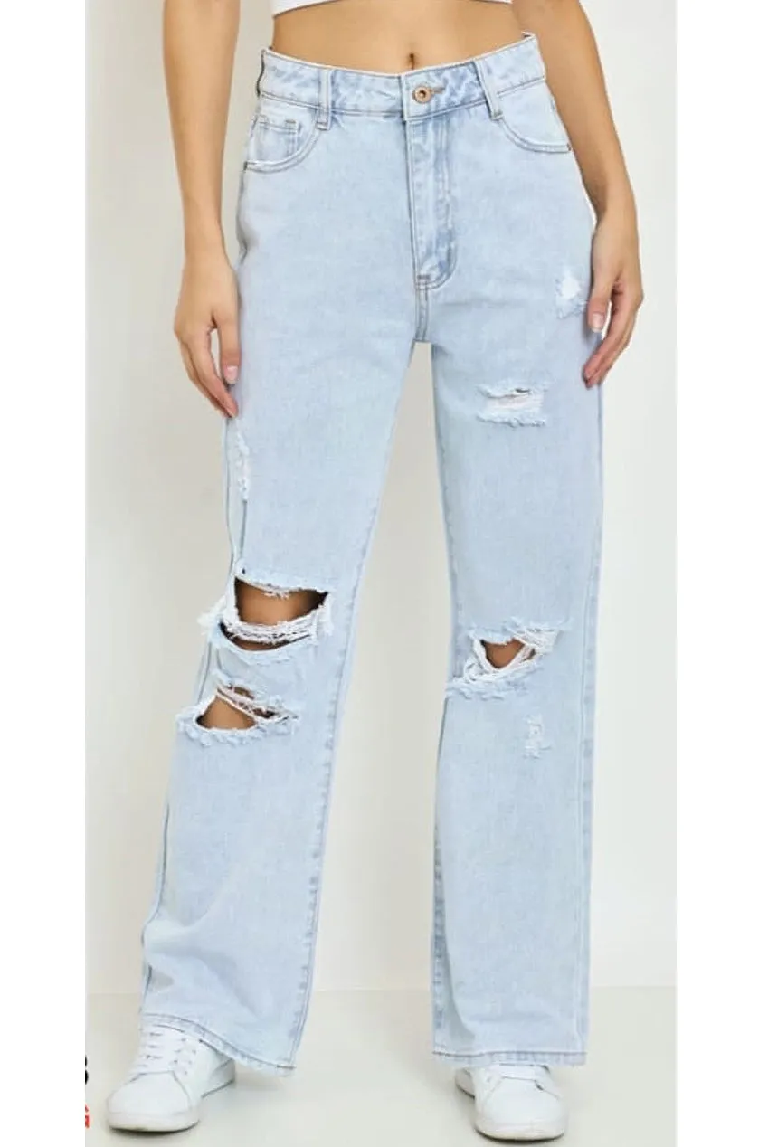 Blue Denim Ripped Wide Leg Jeans
