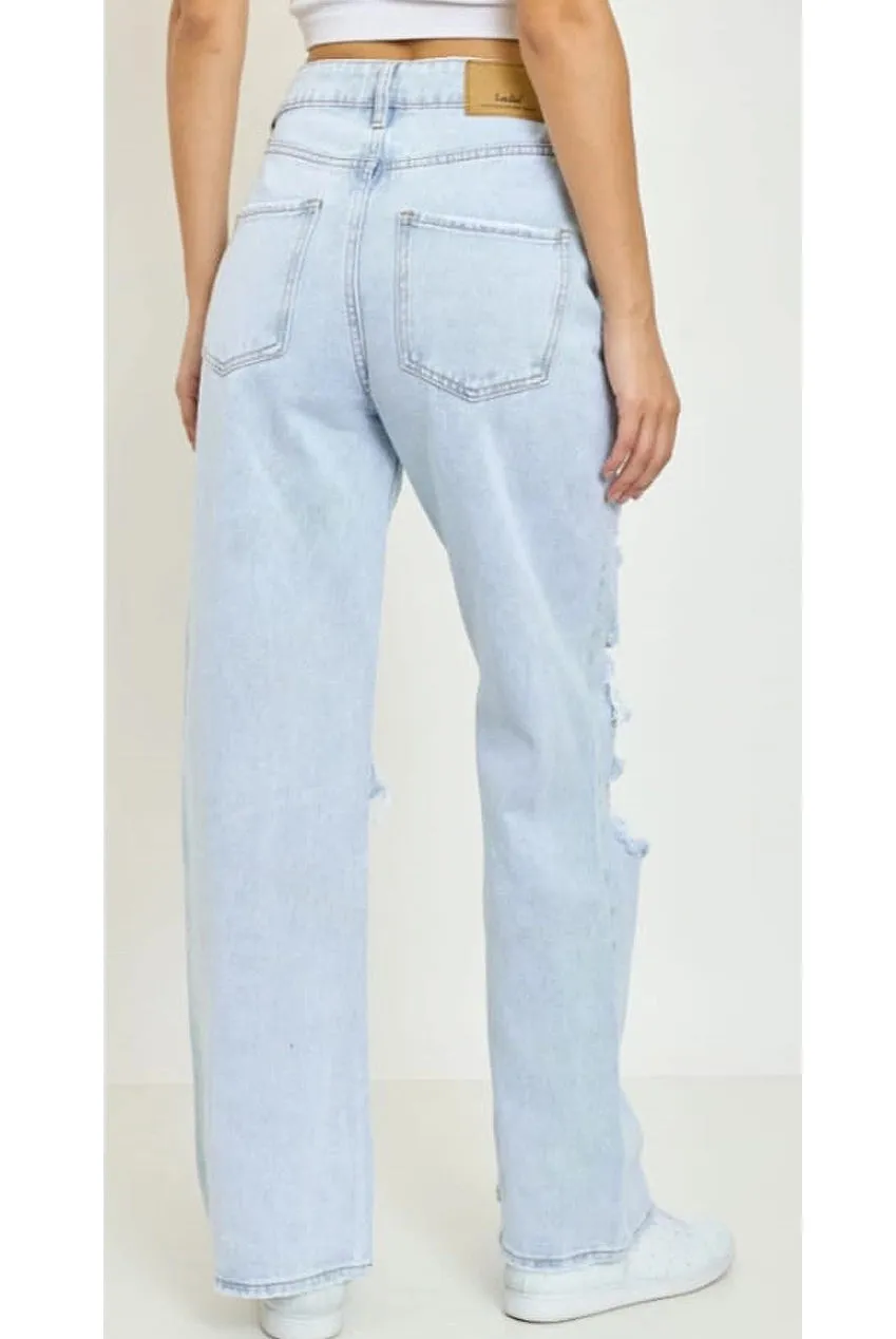Blue Denim Ripped Wide Leg Jeans