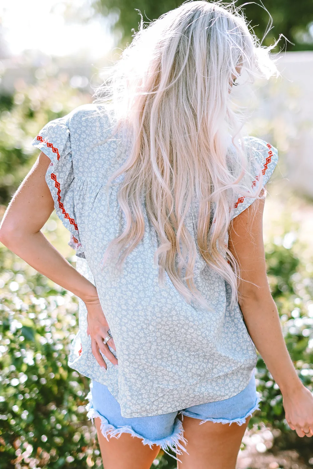 Boho Embroidered Flutter Sleeve Blouse