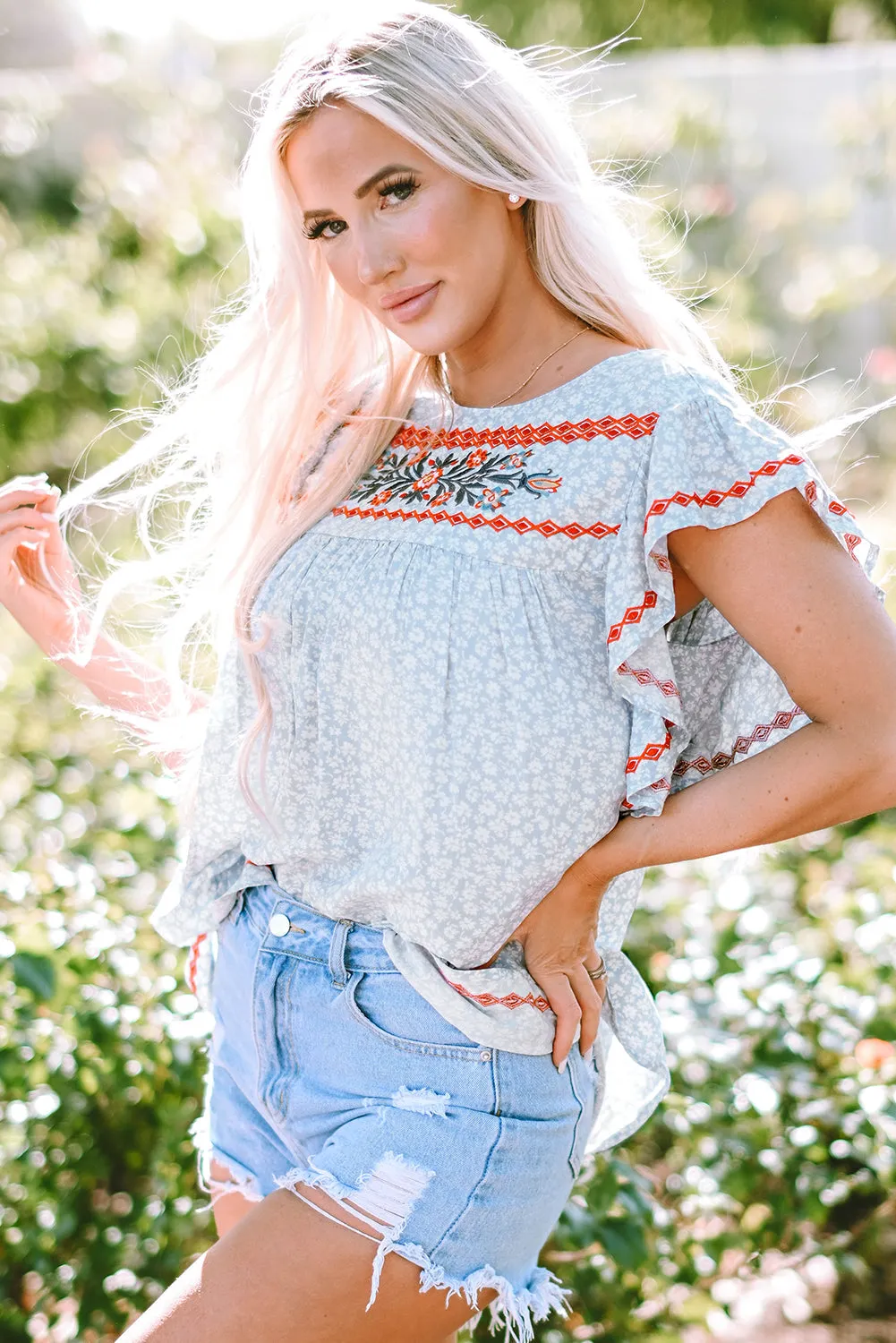 Boho Embroidered Flutter Sleeve Blouse