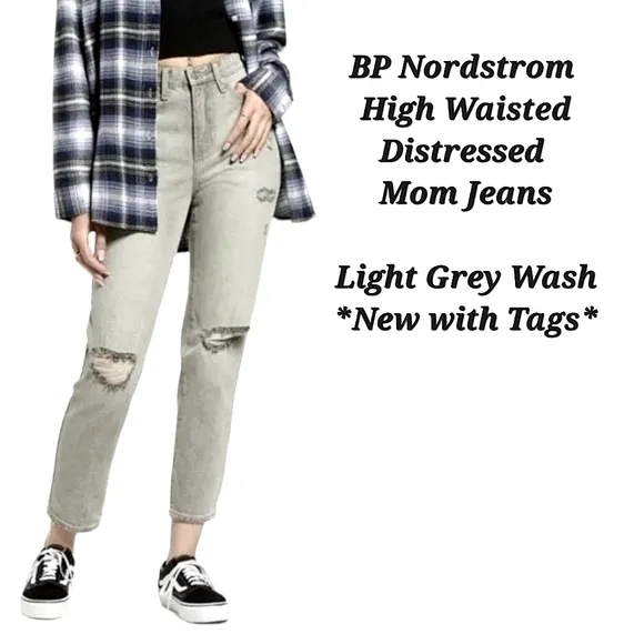 BP Nordstrom Distressed High Waist Mom Jeans Light Grey Wash Size 31 | BP Jeans