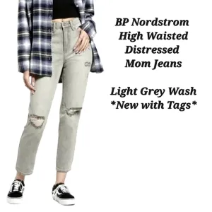 BP Nordstrom Distressed High Waist Mom Jeans Light Grey Wash Size 31 | BP Jeans