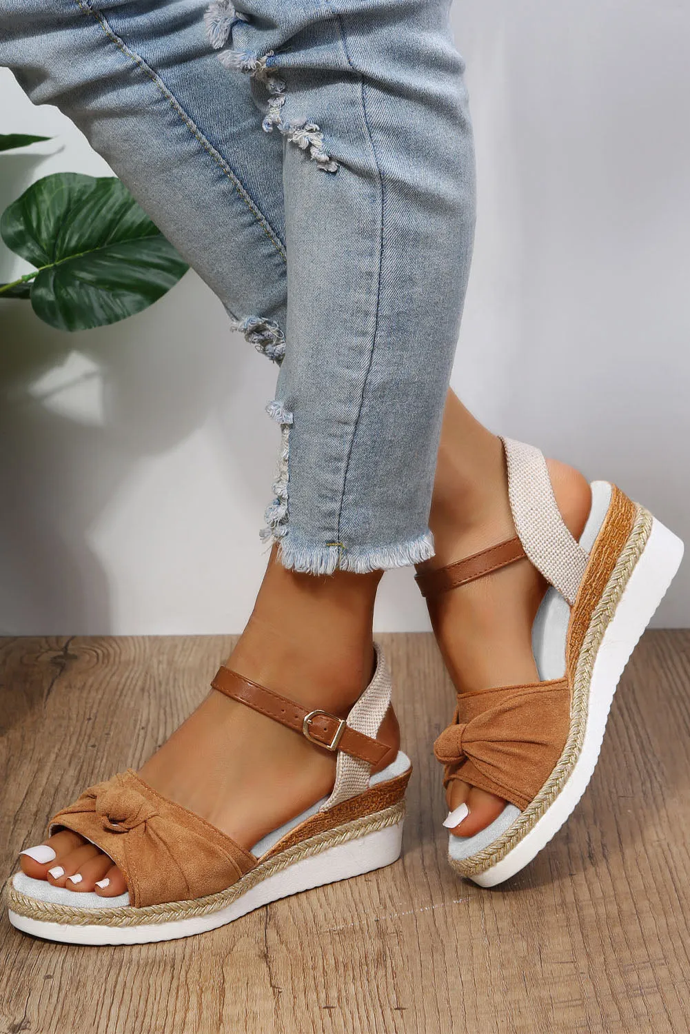 Brown Bow Knot Detail Espadrille Ankle Strap Wedge Sandals