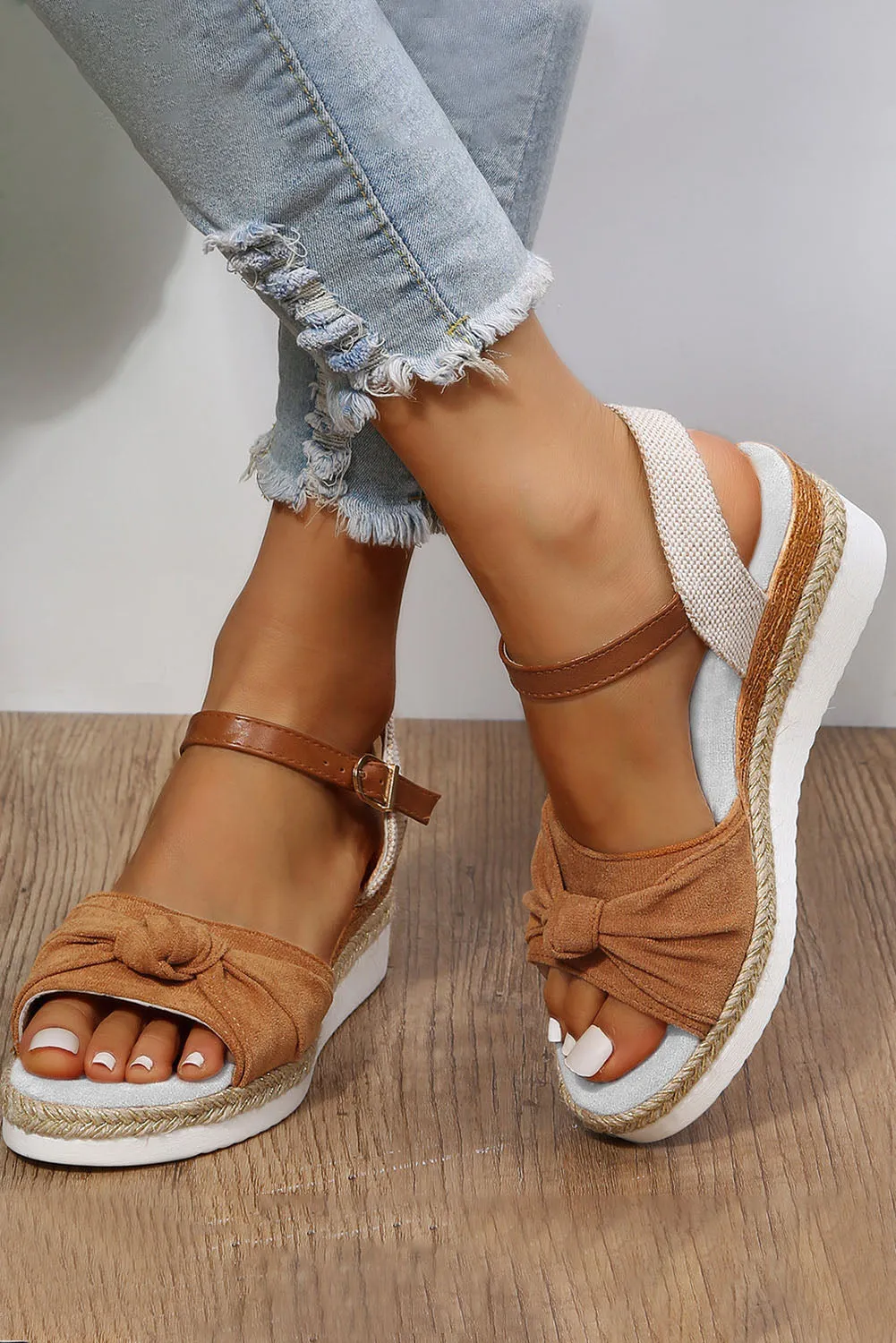 Brown Bow Knot Detail Espadrille Ankle Strap Wedge Sandals