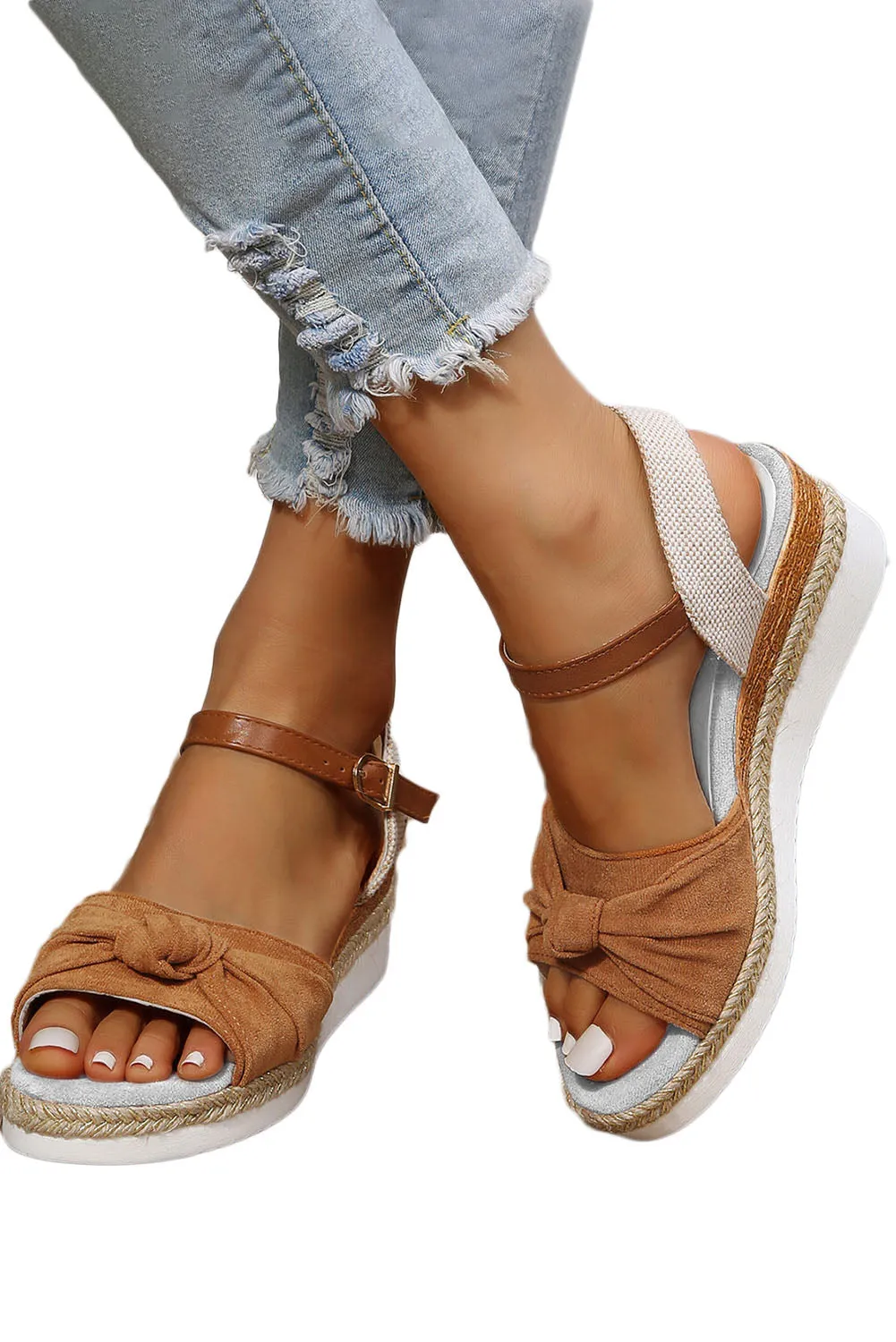 Brown Bow Knot Detail Espadrille Ankle Strap Wedge Sandals