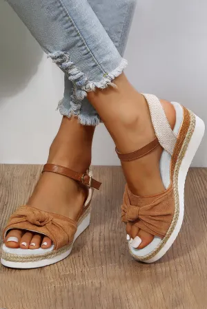 Brown Bow Knot Detail Espadrille Ankle Strap Wedge Sandals