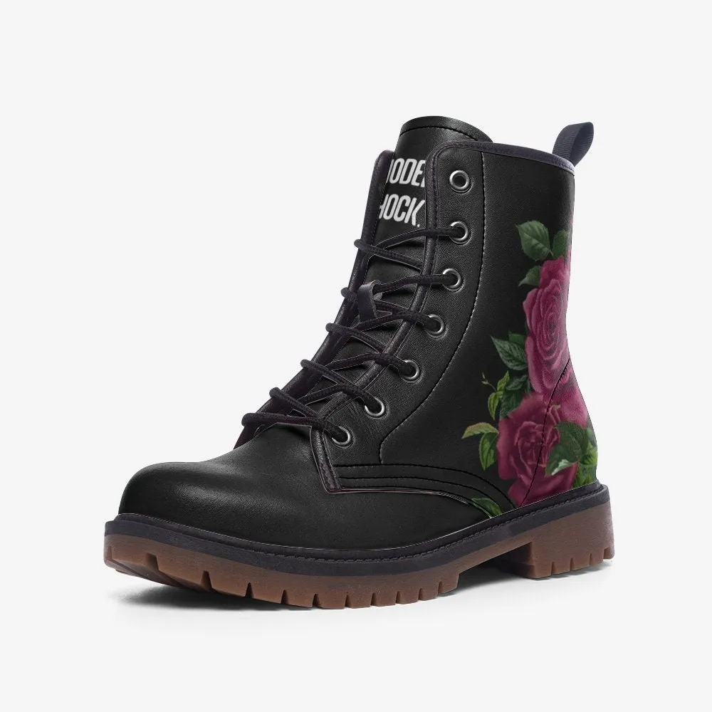Burgundy Goth Roses Black Vegan Leather Unisex Boots