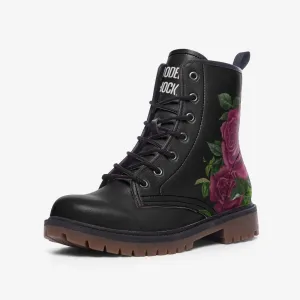 Burgundy Goth Roses Black Vegan Leather Unisex Boots