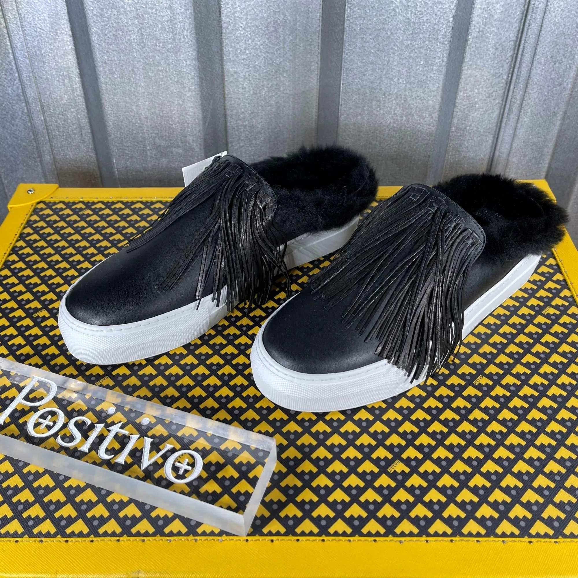Buscemi Sabot Fringe Flat Black Leather Sneakers