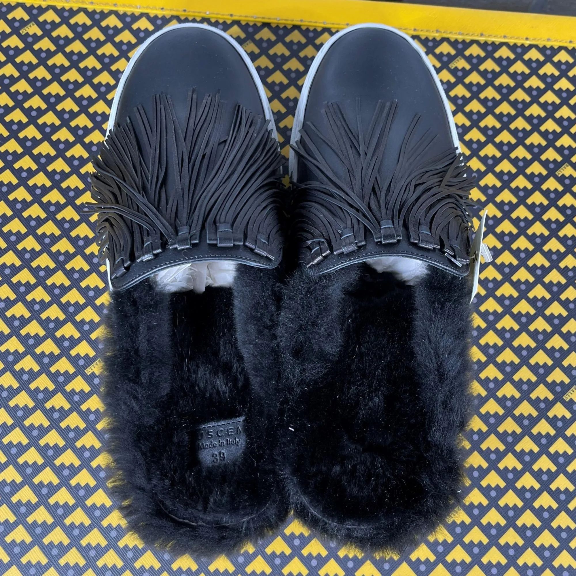 Buscemi Sabot Fringe Flat Black Leather Sneakers