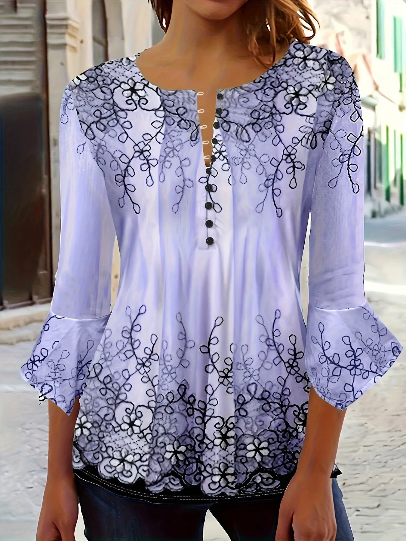 Buttoned Floral Print Blouse - Ruffle Half Sleeves & Casual Fit