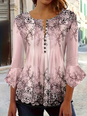 Buttoned Floral Print Blouse - Ruffle Half Sleeves & Casual Fit