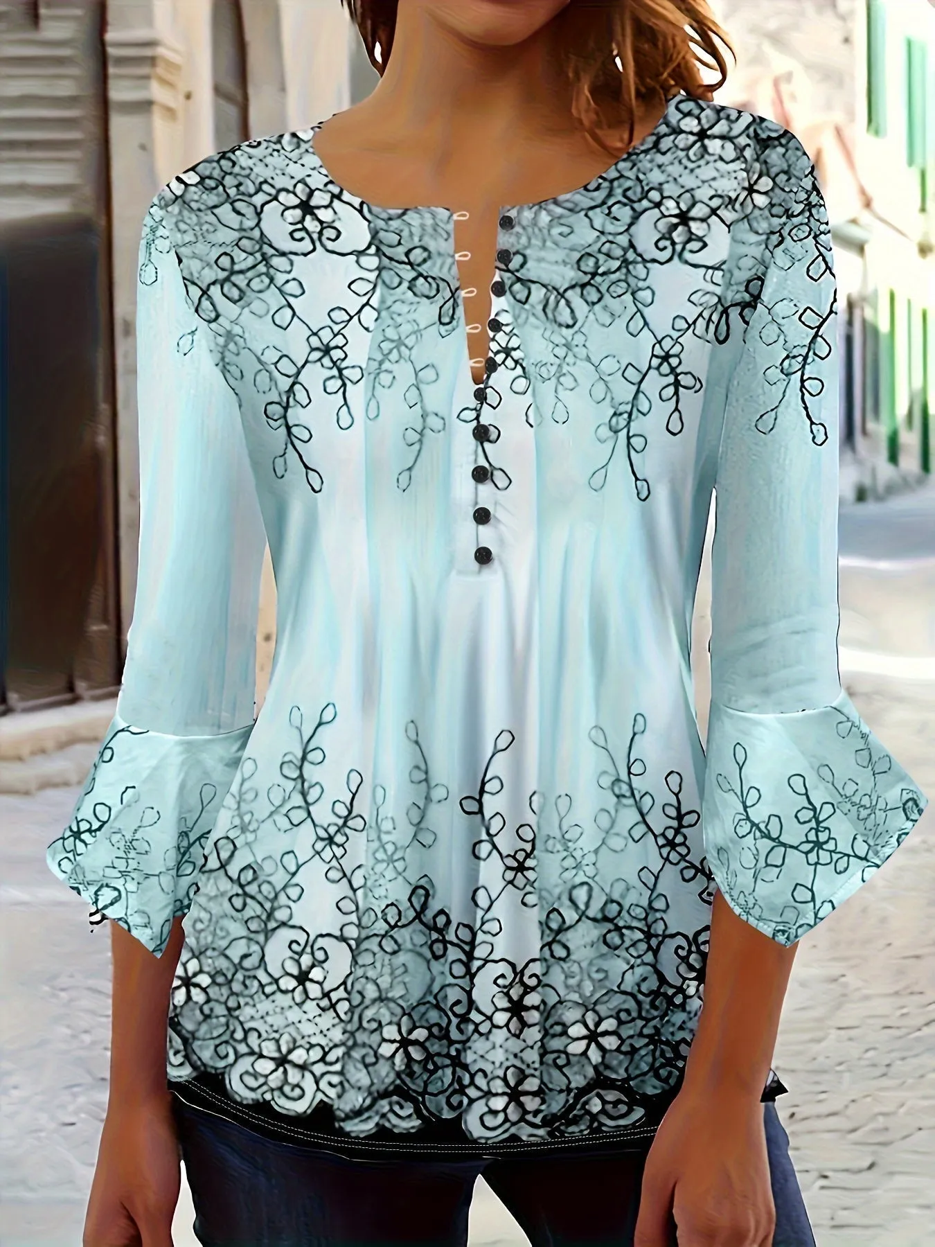 Buttoned Floral Print Blouse - Ruffle Half Sleeves & Casual Fit