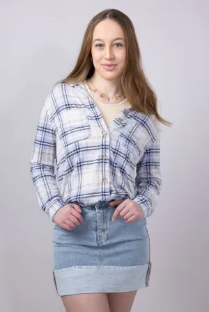 C&C California Marina Luxe Button Up Shirt for Women in Grey Blue Plaid | 89B01934A-C496-BLUE