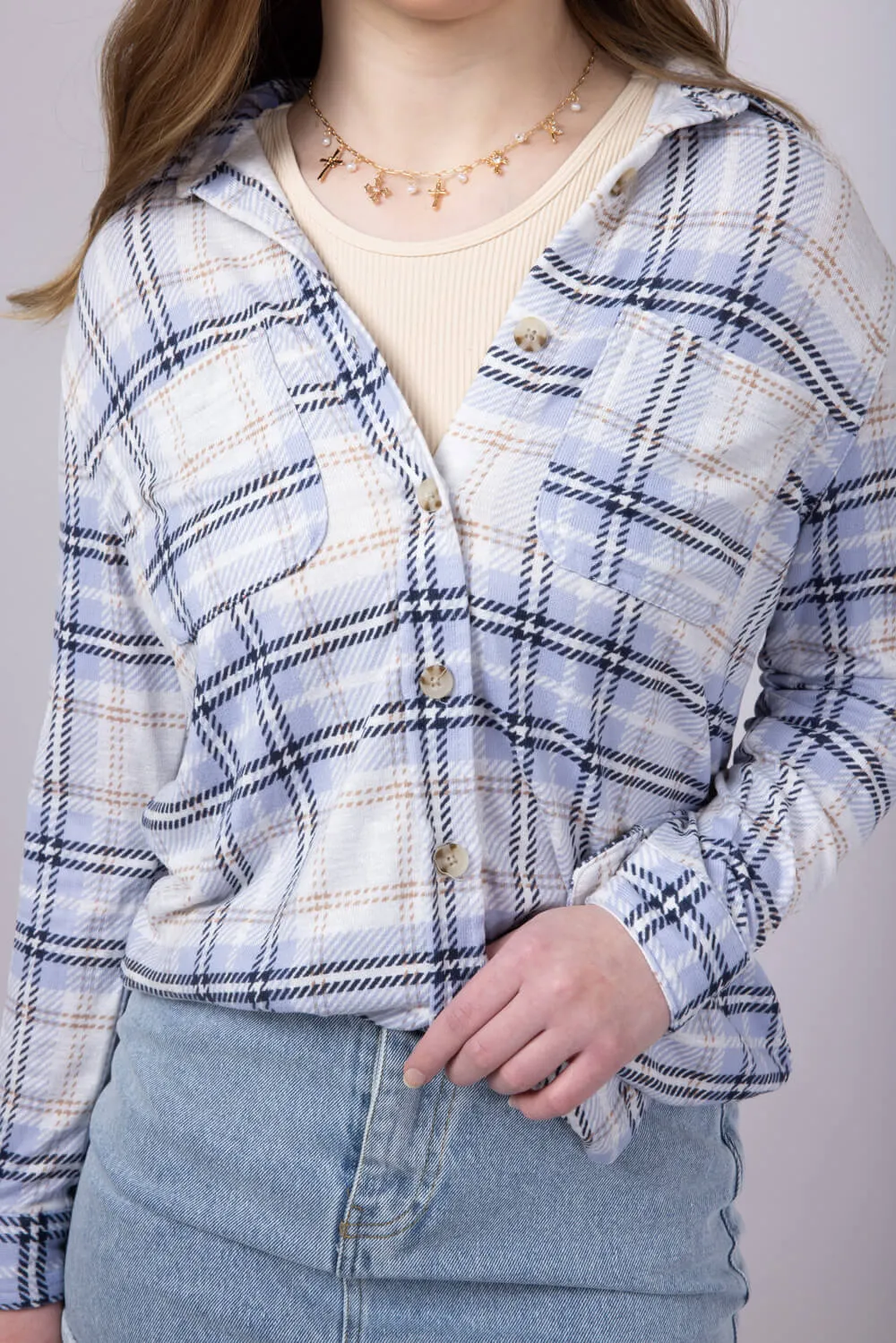 C&C California Marina Luxe Button Up Shirt for Women in Grey Blue Plaid | 89B01934A-C496-BLUE