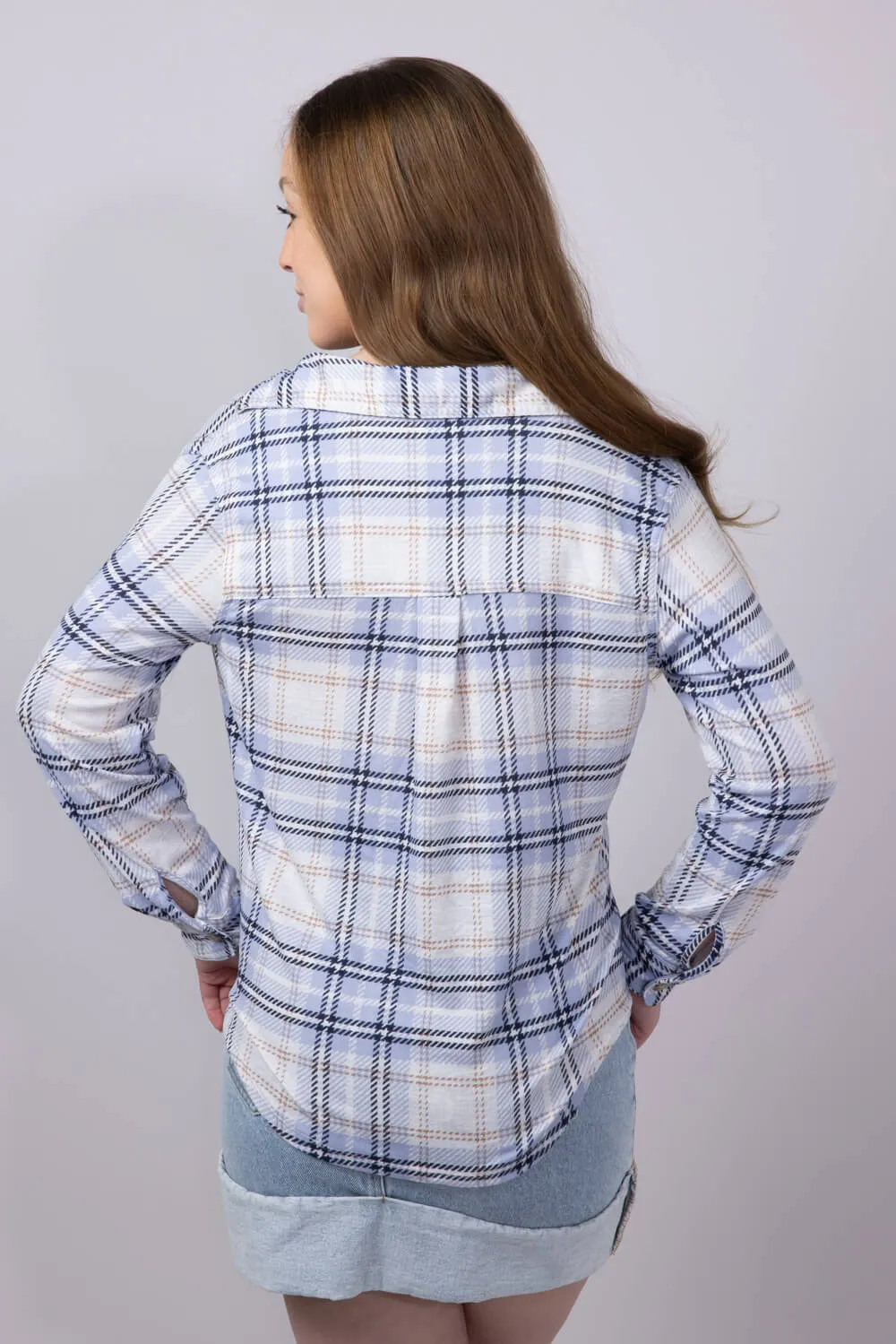 C&C California Marina Luxe Button Up Shirt for Women in Grey Blue Plaid | 89B01934A-C496-BLUE