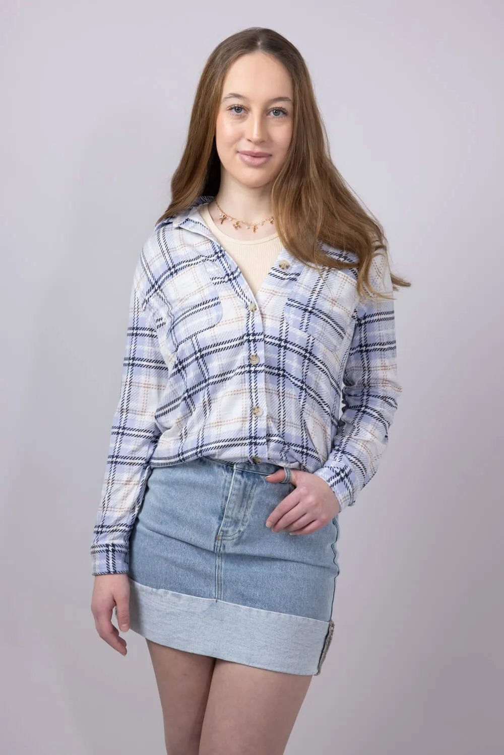 C&C California Marina Luxe Button Up Shirt for Women in Grey Blue Plaid | 89B01934A-C496-BLUE