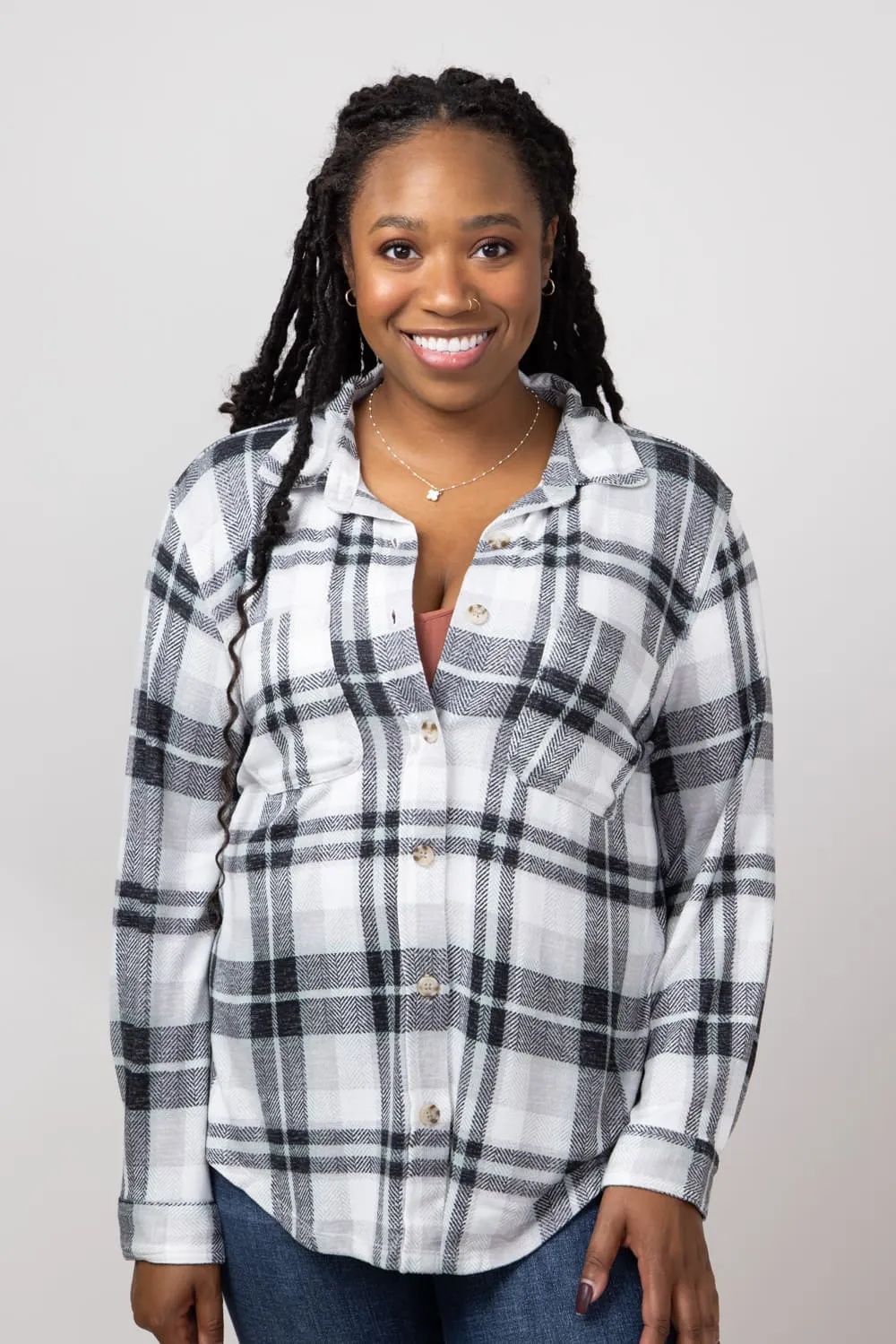 C&C California Marina Luxe Button Up Shirt for Women in Grey Marl Plaid | 89B01934B-GRYPLAID