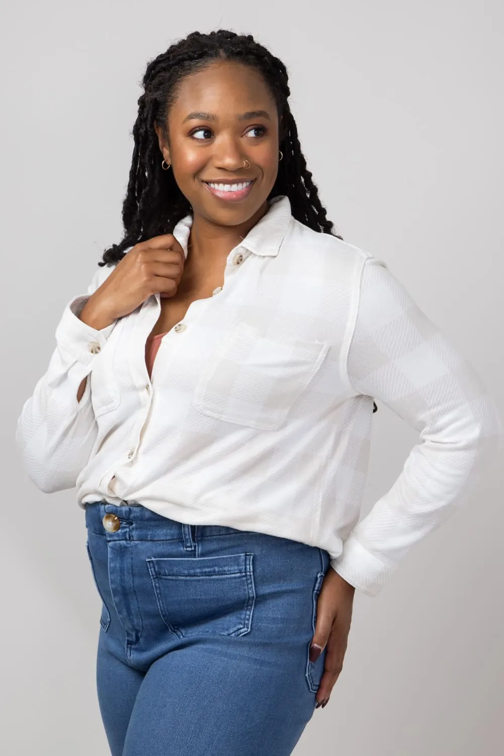 C&C California Marina Luxe Button Up Shirt for Women in Moonbeam Plaid | 89B01934Z-MOON