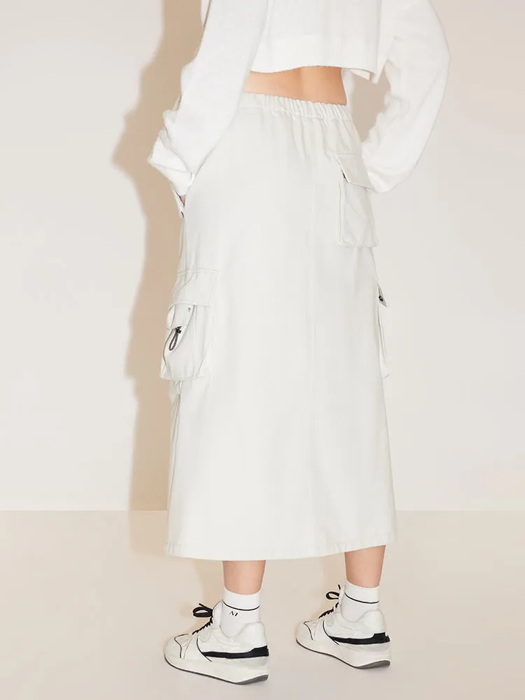 Cargo Style Elastic Waist Denim Skirt