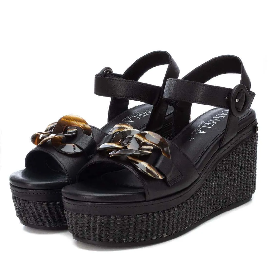 Carmela Black Leather Wedge Sandals