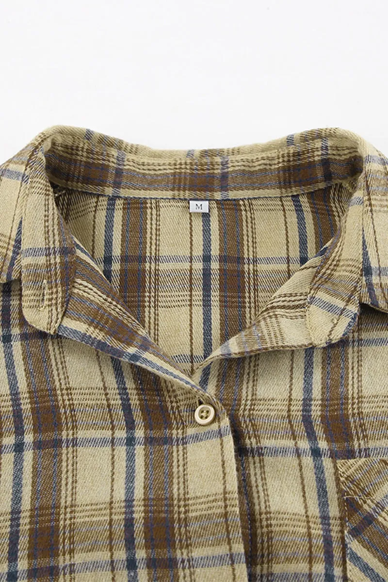 Casual Plaid Buttons Contrast Turndown Collar Blouses