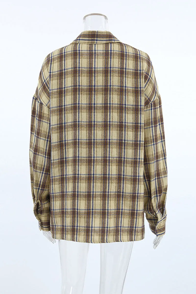 Casual Plaid Buttons Contrast Turndown Collar Blouses