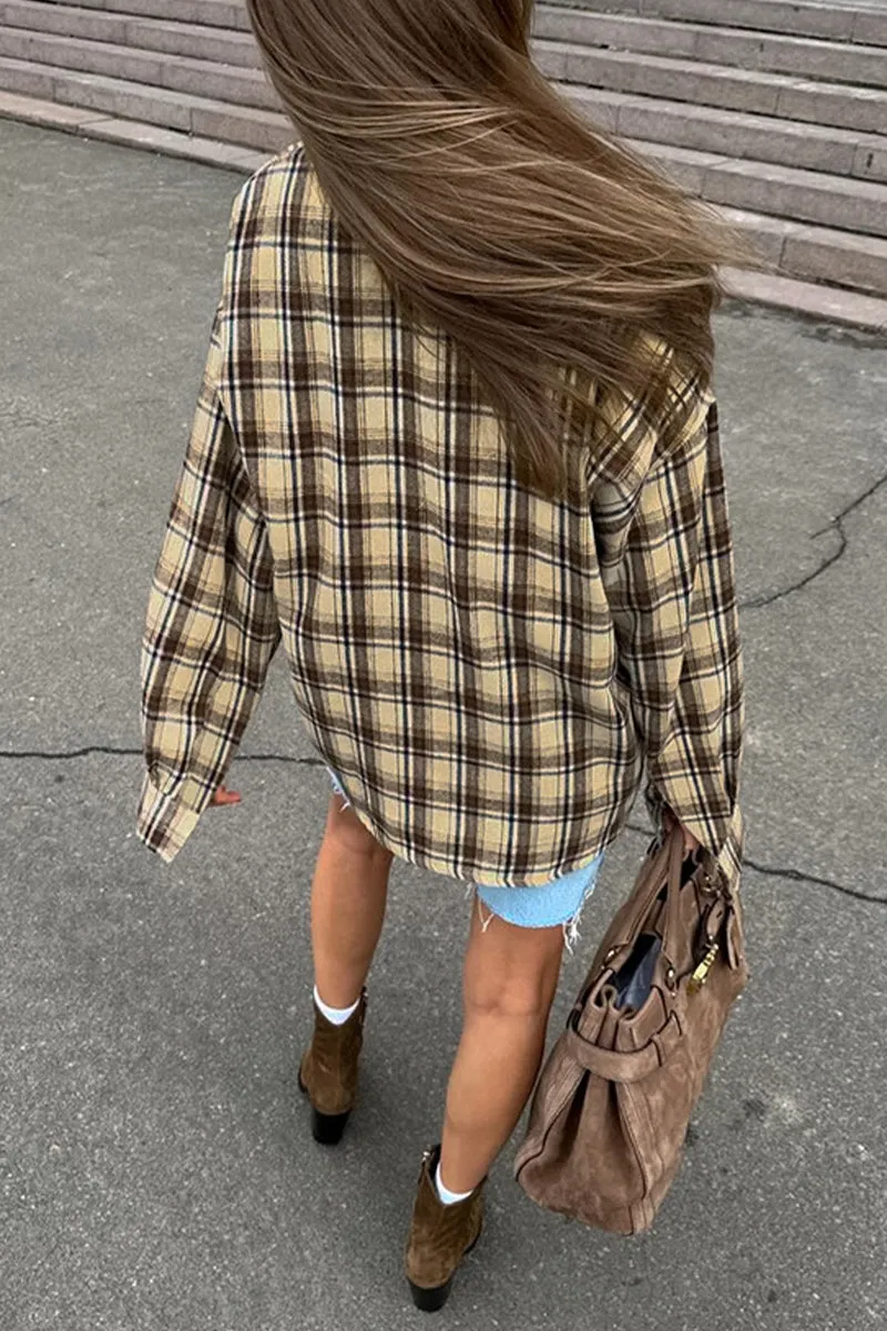 Casual Plaid Buttons Contrast Turndown Collar Blouses