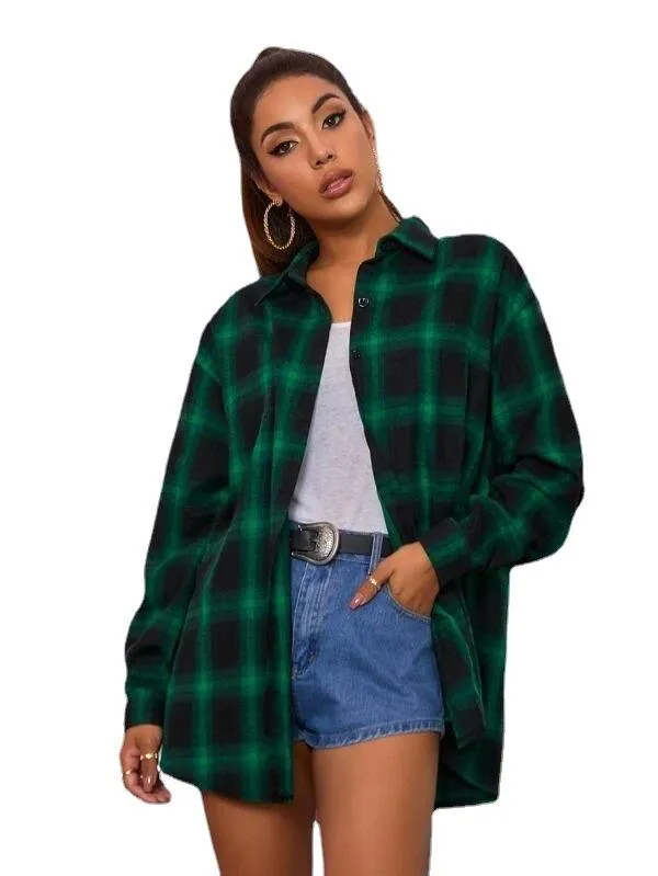 Casual Turnover Collar Plaid Long Sleeves Women Shirts