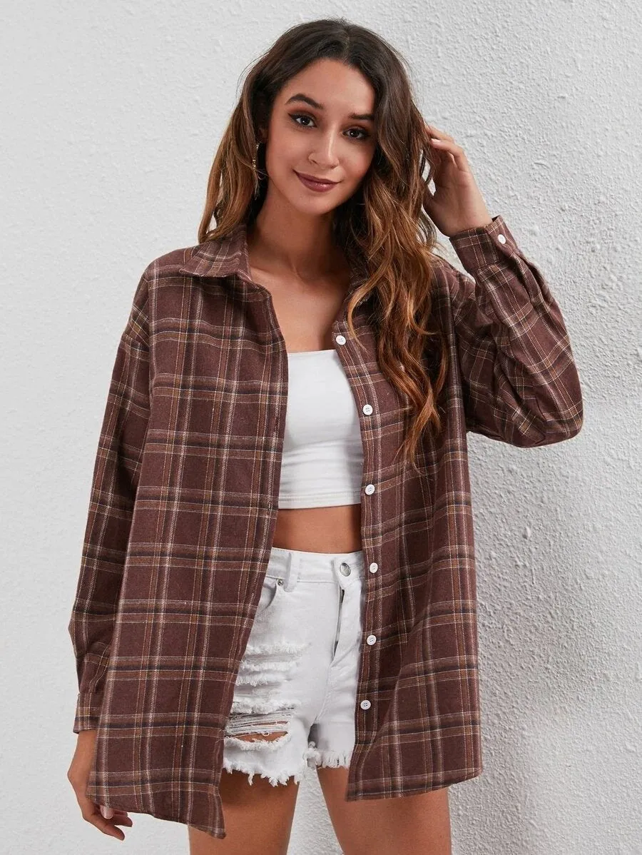 Casual Turnover Collar Plaid Long Sleeves Women Shirts