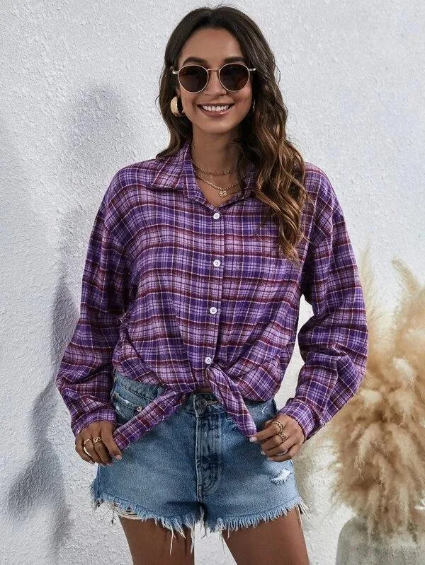 Casual Turnover Collar Plaid Long Sleeves Women Shirts