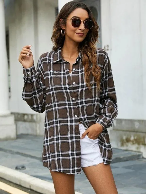 Casual Turnover Collar Plaid Long Sleeves Women Shirts