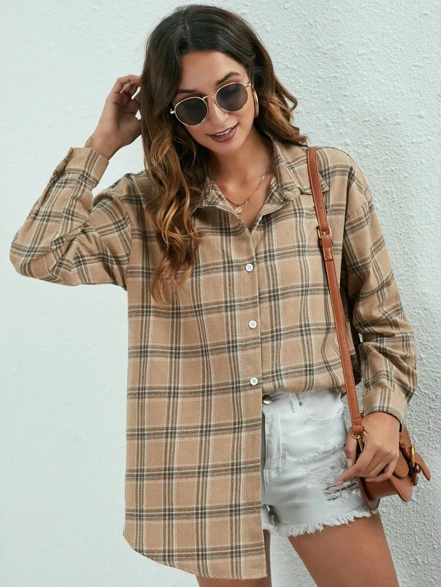 Casual Turnover Collar Plaid Long Sleeves Women Shirts