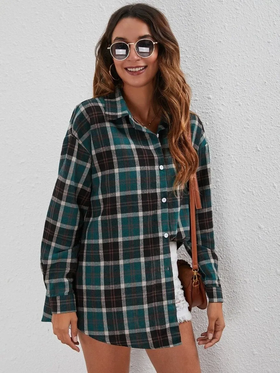 Casual Turnover Collar Plaid Long Sleeves Women Shirts