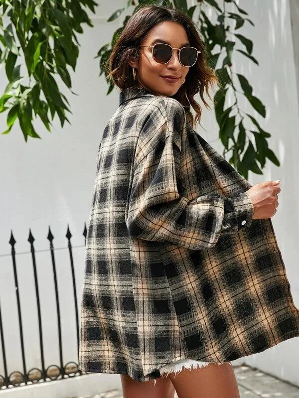 Casual Turnover Collar Plaid Long Sleeves Women Shirts
