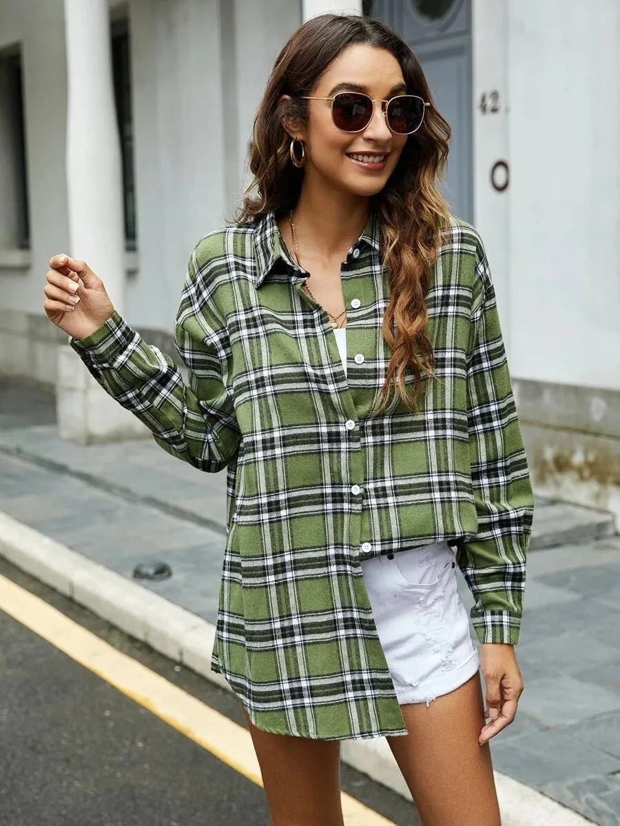 Casual Turnover Collar Plaid Long Sleeves Women Shirts