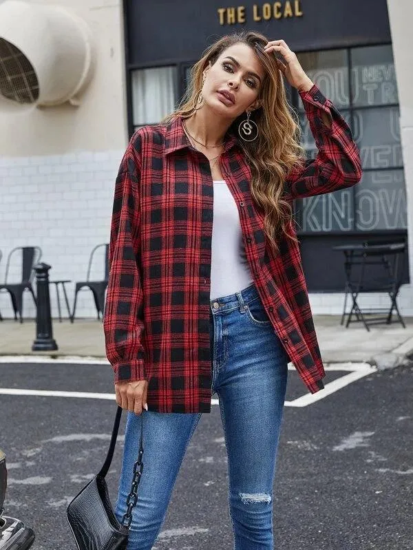 Casual Turnover Collar Plaid Long Sleeves Women Shirts