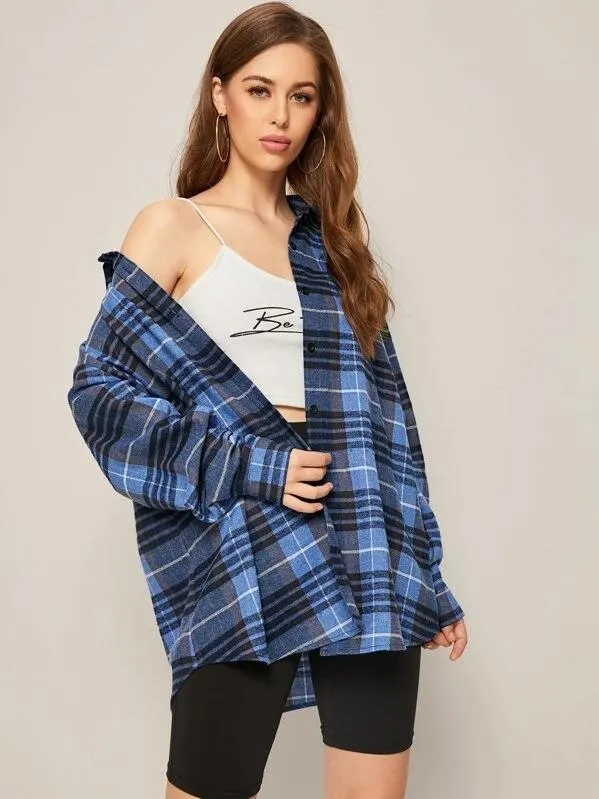Casual Turnover Collar Plaid Long Sleeves Women Shirts