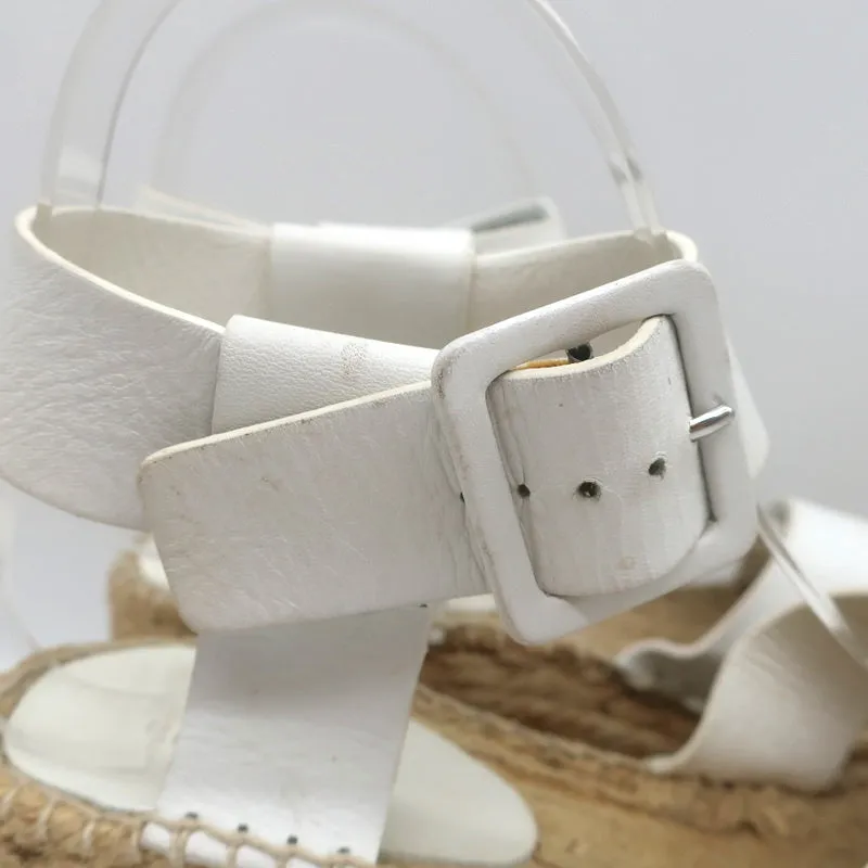 Celine Crisscross Platform Espadrille Wedge Sandals White Leather Size 36