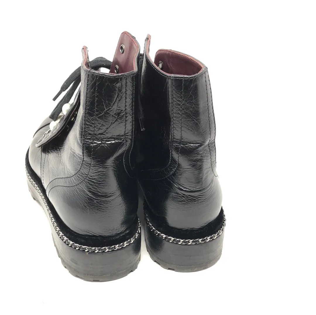 Chanel Black Crackled Calfskin Velvet Pearl Combat Short Boots