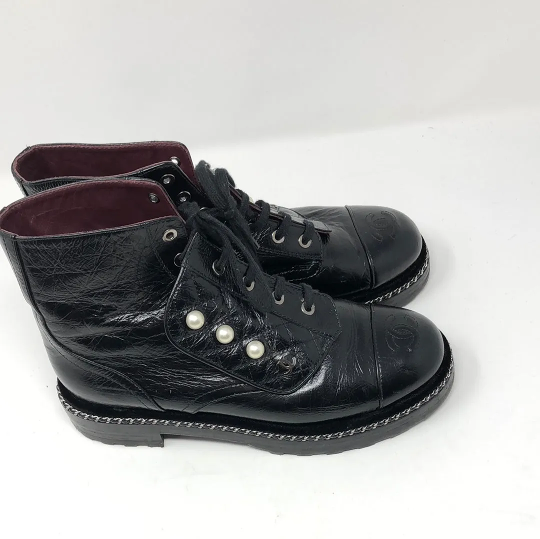 Chanel Black Crackled Calfskin Velvet Pearl Combat Short Boots