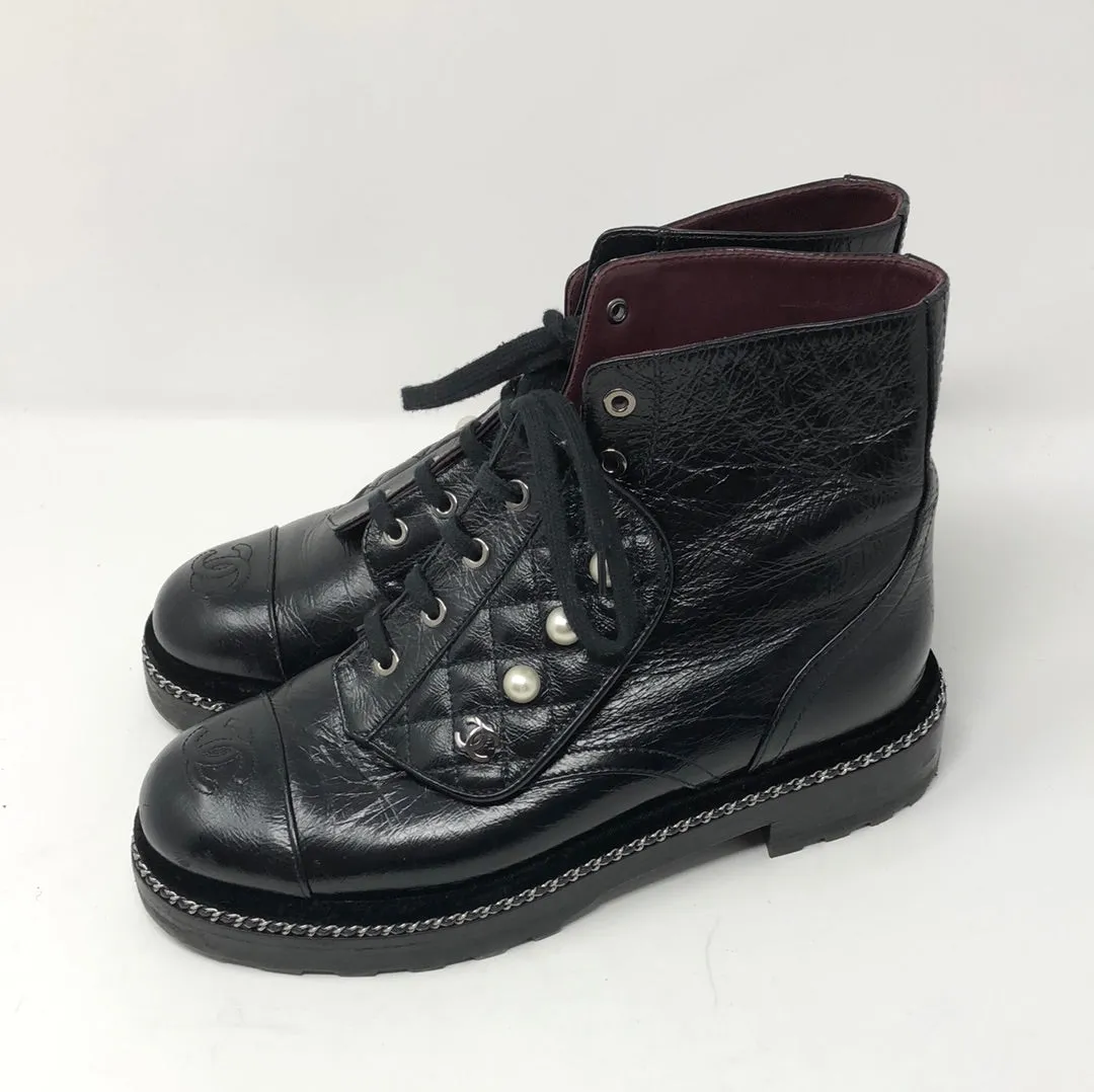 Chanel Black Crackled Calfskin Velvet Pearl Combat Short Boots