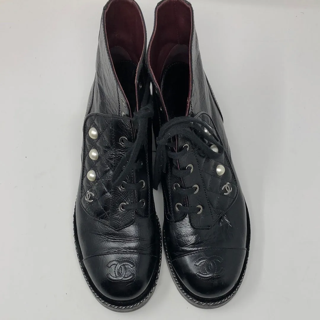 Chanel Black Crackled Calfskin Velvet Pearl Combat Short Boots