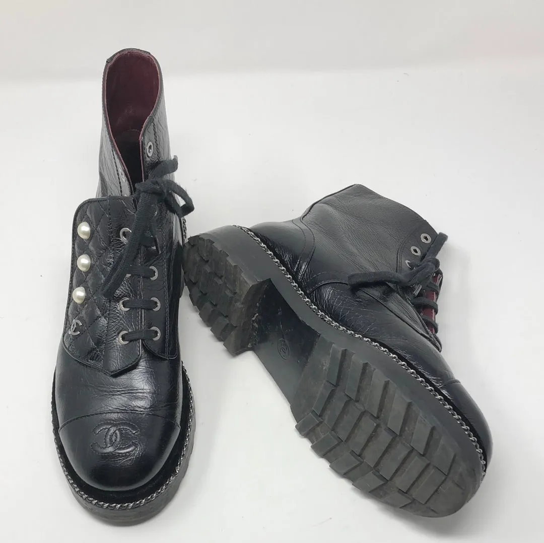 Chanel Black Crackled Calfskin Velvet Pearl Combat Short Boots